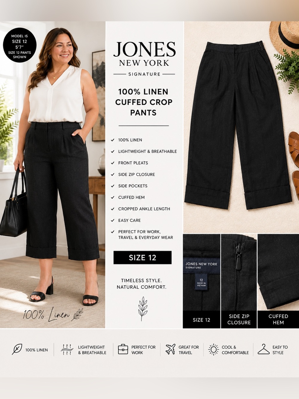 Jones New York Signature 100% Linen Black Cuffed Crop Pants Size 12 Career Work